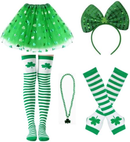 طقم زي عيد القديس باتريك مع تنورة توتو خضراء، وقفازات مخططة لتدفئة الذراع، وجوارب عالية، وعصابة رأس على شكل ربطة عنق وقلادة شامروك لإكسسوارات الحفلات النسائية in Kuwait