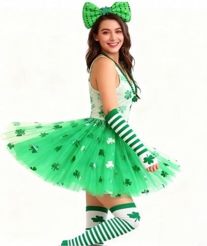 طقم زي عيد القديس باتريك مع تنورة توتو خضراء، وقفازات مخططة لتدفئة الذراع، وجوارب عالية، وعصابة رأس على شكل ربطة عنق وقلادة شامروك لإكسسوارات الحفلات النسائية in Kuwait