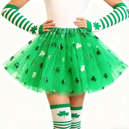طقم زي عيد القديس باتريك مع تنورة توتو خضراء، وقفازات مخططة لتدفئة الذراع، وجوارب عالية، وعصابة رأس على شكل ربطة عنق وقلادة شامروك لإكسسوارات الحفلات النسائية in Kuwait