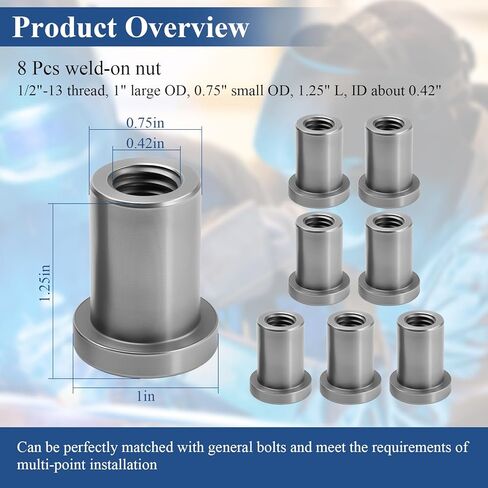 صامولة ملحومة، 1/2 بوصة - 13 خيط لتركيب الهيكل الفولاذي، صامولة متدرجة ممتدة، صامولة لحام أنثى متدرجة طويلة، 1.25 بوصة طول، 1 بوصة كبيرة OD، 0.75 بوصة OD صغيرة، المعرف حوالي 0.42 بوصة، ترقية 8 قطع in Kuwait