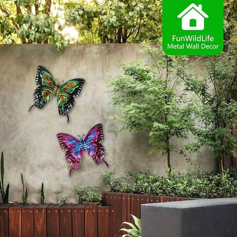 FUNWILDLIFE Metal Butterfly Wall Decor - 2 Pack 11.4" Outdoor Fence Wall Art Decor, Large Butterfly Wall Decor for Garden Yard Living Room Bedroom Patio Balcony in Kuwait