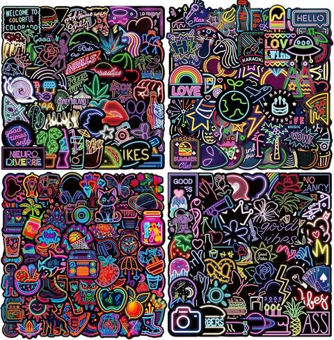 200 قطعة من ملصقات النيون - ملصقات زجاجات مياه نيون رائعة للأطفال والبالغين والمراهقين، ملصقات فينيل مقاومة للماء لأجهزة الكمبيوتر المحمول وألواح التزلج والهاتف والجيتار والأمتعة in Kuwait