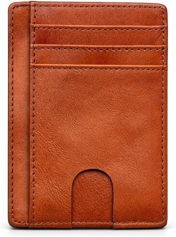 LELEMENT RFID Blocking Genuine Leather Card Holder with ID Window, Slim Minimalist Front Pocket Wallet for Men & Women, 6 Card Slots + Extra Pockets, Gift Box Included – Cognac Brow in Saudi Arabia