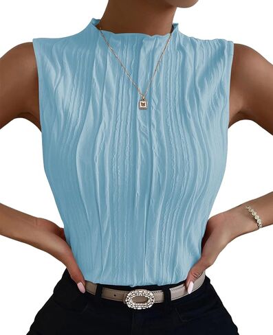 Poetsky Womens Summer Textured Tank Tops Sleeveless Mock Neck Tank Slim Fit Shirt Blouse in Kuwait