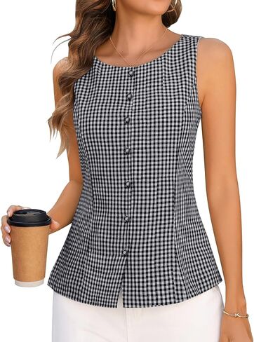 قمصان صيفية كاجوال بدون أكمام وياقة دائرية وقميص منقوش مناسب للنساء in Kuwait