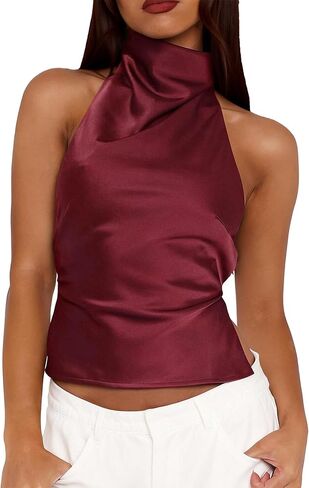 Halter Tops for Women 2026 Satin Backless Top High Mock Neck Women's Going Out Party Clubwear Camisole Sleeveless Top in Kuwait
