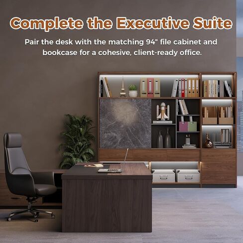 مكتب تنفيذي على شكل حرف L مع مصابيح LED، وحدة تخزين قابلة للقفل ومحطة شحن 3 في 1، خزانة قابلة للعكس، مكتب مكتب خشبي حديث للرئيس التنفيذي والمدير والمكتب المنزلي (جوز أحمر + رمادي جرافيت، 95 بوصة طول) in Kuwait