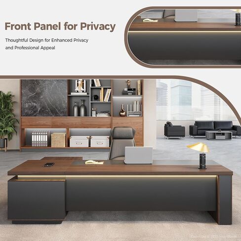 مكتب تنفيذي على شكل حرف L مع مصابيح LED، وحدة تخزين قابلة للقفل ومحطة شحن 3 في 1، خزانة قابلة للعكس، مكتب مكتب خشبي حديث للرئيس التنفيذي والمدير والمكتب المنزلي (جوز أحمر + رمادي جرافيت، 95 بوصة طول) in Kuwait