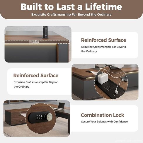 مكتب تنفيذي على شكل حرف L مع مصابيح LED، وحدة تخزين قابلة للقفل ومحطة شحن 3 في 1، خزانة قابلة للعكس، مكتب مكتب خشبي حديث للرئيس التنفيذي والمدير والمكتب المنزلي (جوز أحمر + رمادي جرافيت، 95 بوصة طول) in Kuwait