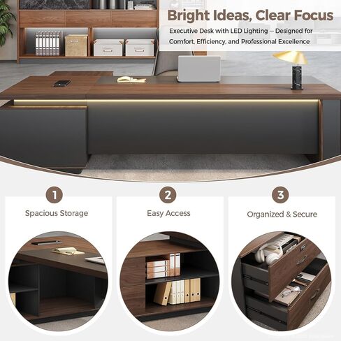 مكتب تنفيذي على شكل حرف L مع مصابيح LED، وحدة تخزين قابلة للقفل ومحطة شحن 3 في 1، خزانة قابلة للعكس، مكتب مكتب خشبي حديث للرئيس التنفيذي والمدير والمكتب المنزلي (جوز أحمر + رمادي جرافيت، 95 بوصة طول) in Kuwait