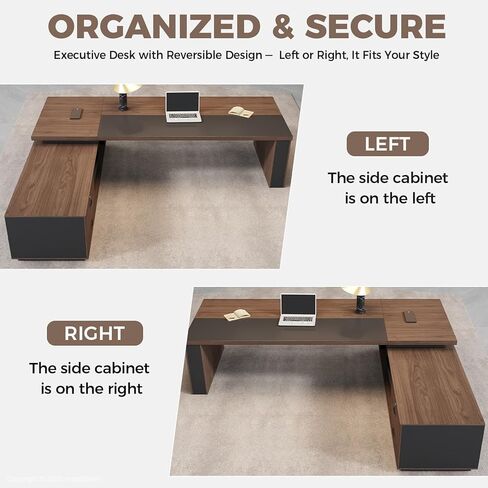 مكتب تنفيذي على شكل حرف L مع مصابيح LED، وحدة تخزين قابلة للقفل ومحطة شحن 3 في 1، خزانة قابلة للعكس، مكتب مكتب خشبي حديث للرئيس التنفيذي والمدير والمكتب المنزلي (جوز أحمر + رمادي جرافيت، 95 بوصة طول) in Kuwait