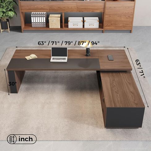 مكتب تنفيذي على شكل حرف L مع مصابيح LED، وحدة تخزين قابلة للقفل ومحطة شحن 3 في 1، خزانة قابلة للعكس، مكتب مكتب خشبي حديث للرئيس التنفيذي والمدير والمكتب المنزلي (جوز أحمر + رمادي جرافيت، 95 بوصة طول) in Kuwait