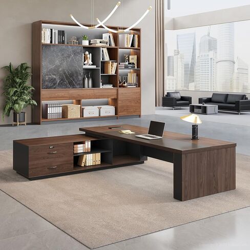 مكتب تنفيذي على شكل حرف L مع مصابيح LED، وحدة تخزين قابلة للقفل ومحطة شحن 3 في 1، خزانة قابلة للعكس، مكتب مكتب خشبي حديث للرئيس التنفيذي والمدير والمكتب المنزلي (جوز أحمر + رمادي جرافيت، 95 بوصة طول) in Kuwait