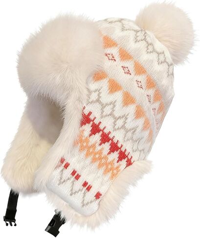 Womens Winter Knit Beanie Hat with Ear Flaps, Warm Fleece Lined Skull Caps Faux Fur Trapper Hat Earmuff Snow Hats in Saudi Arabia