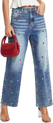 Kedera Women's Embroidered Jeans 2026 Mid Rise Wide Leg Denim Pants Casual Stretchy Cute Heart Embellished Jeans in Saudi Arabia