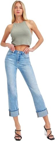 Risen Jeans - High Rise Full Length Straight Leg Jeans with Adjustable Cuffed Hem (25.5"-29" Inseam) - Includes Official Tag in Saudi Arabia