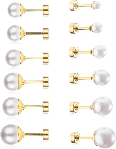 6 Pairs Pearl Earring, Gold Pearl Stud Earrings, Cartilage Piercing Flatback Stud Earrings, Exquisite Flat Back Studs for Gift Giving (3-8mm) in Kuwait