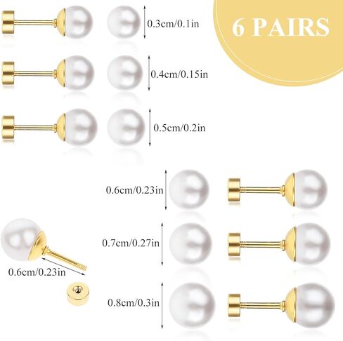 6 Pairs Pearl Earring, Gold Pearl Stud Earrings, Cartilage Piercing Flatback Stud Earrings, Exquisite Flat Back Studs for Gift Giving (3-8mm) in Kuwait