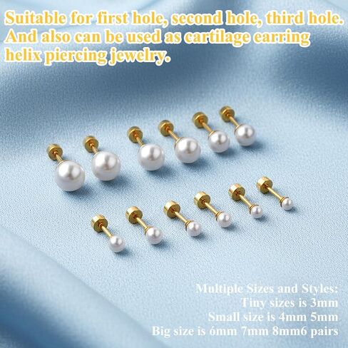 6 Pairs Pearl Earring, Gold Pearl Stud Earrings, Cartilage Piercing Flatback Stud Earrings, Exquisite Flat Back Studs for Gift Giving (3-8mm) in Kuwait