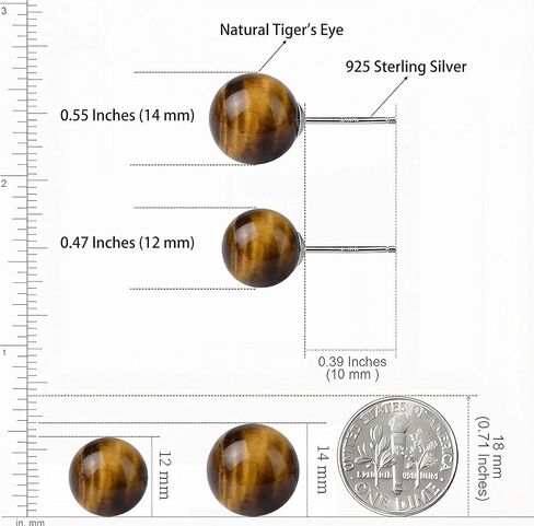 Genuine Tigers Eye Stone Stud Earrings for Women 12mm Brown Ball Earrings with Sterling Silver Posts Natural Tiger Eye Round Spiritual Jewelry in Kuwait