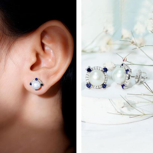 أقراط لؤلؤ المياه العذبة الطبيعية 6.5 قيراط من الفضة، جودة AAA، أقراط اللؤلؤ والياقوت - هدية للمناسبات الخاصة in Kuwait