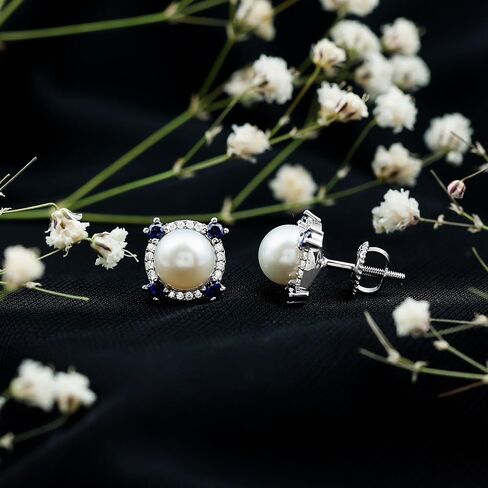 أقراط لؤلؤ المياه العذبة الطبيعية 6.5 قيراط من الفضة، جودة AAA، أقراط اللؤلؤ والياقوت - هدية للمناسبات الخاصة in Kuwait