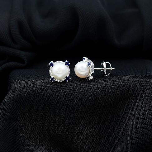 أقراط لؤلؤ المياه العذبة الطبيعية 6.5 قيراط من الفضة، جودة AAA، أقراط اللؤلؤ والياقوت - هدية للمناسبات الخاصة in Kuwait