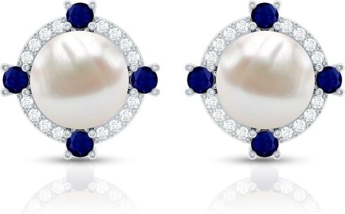 أقراط لؤلؤ المياه العذبة الطبيعية 6.5 قيراط من الفضة، جودة AAA، أقراط اللؤلؤ والياقوت - هدية للمناسبات الخاصة in Kuwait