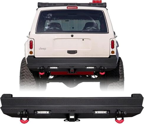 المصد الخلفي الفولاذي من شيروكي متوافق مع سيارة جيب شيروكي XJ موديل 1984-2001 مع جهاز استقبال وصلة الجر + 2 مصابيح LED + حلقات على شكل حرف D in Kuwait