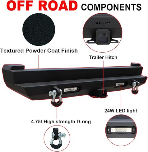 المصد الخلفي الفولاذي من شيروكي متوافق مع سيارة جيب شيروكي XJ موديل 1984-2001 مع جهاز استقبال وصلة الجر + 2 مصابيح LED + حلقات على شكل حرف D in Kuwait