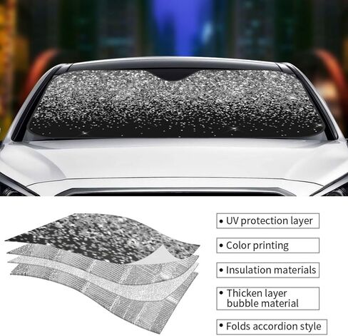Silver Black Glitter Windshield Sunshade - Fun Foldable Car Front Window Sunshade and Interior Sun Protectionmediummedium in Saudi Arabia