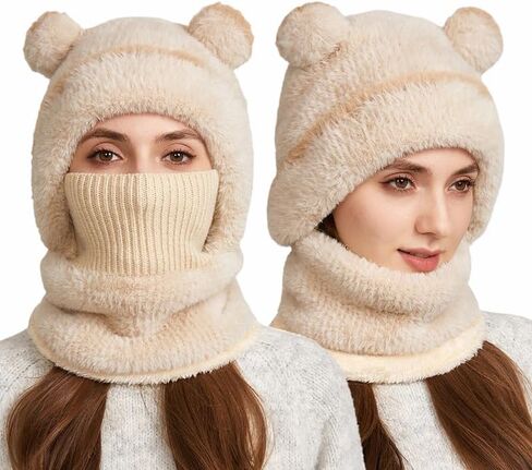 Bear Beanie Adult، قبعة قناع التزلج على شكل تيدي بير، 2026 شتاء لطيف ناعم ومريح وبطانة دافئة من القطيفة مع أذنين in Saudi Arabia
