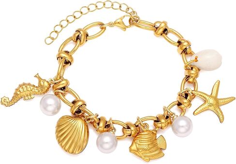 Seashell Charm Bracelet for Women by Ginger Lyne | Stainless Steel Simulated Pearls Fish Starfish and Shells Adjustable 7-9" Length |Vacation Beach Jewelry for Her in Saudi Arabia