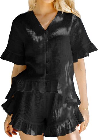 طقم نسائي صيفي مكون من قطعتين بأزرار سفلية مكشكشة وشورت كاجوال طقم بيجامة قطنية in Kuwait