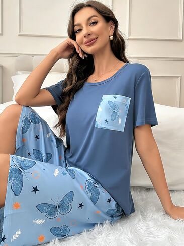 Women Pajama Set, 2 Piece Short Sleeve Crew Neck Top and Crop Pants, Butterfly print Lounge Sleepwear Outfit for Daily Wear in Saudi Arabia