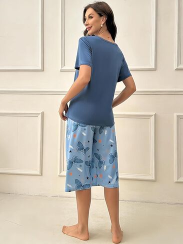 Women Pajama Set, 2 Piece Short Sleeve Crew Neck Top and Crop Pants, Butterfly print Lounge Sleepwear Outfit for Daily Wear in Saudi Arabia