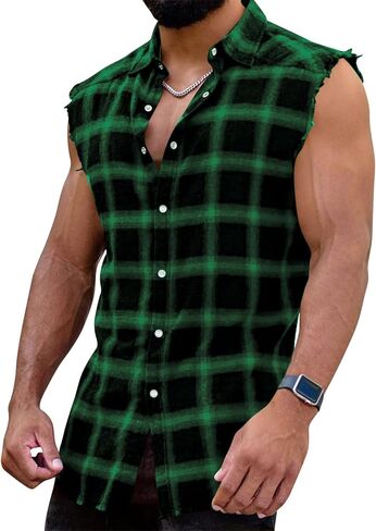 قميص رجالي بدون أكمام من الفلانيل، قمصان كاجوال منقوشة بأزرار للأسفل، قمصان رعاة البقر بدون أكمام in Kuwait