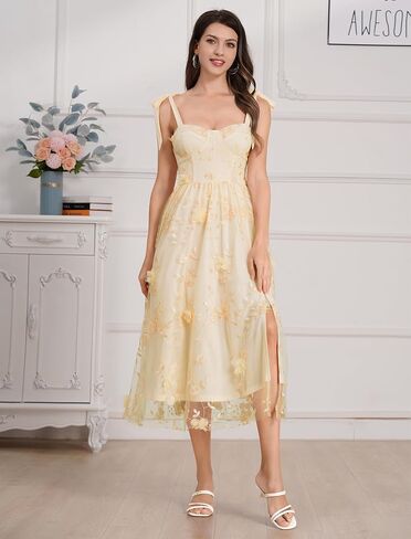 Spaghetti Strap Embroidered Floral Dress for Women Wedding Formal Tulle Prom Corset Dress Smocked Split Midi Tea Party Dress in Saudi Arabia