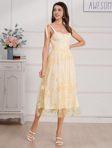 Spaghetti Strap Embroidered Floral Dress for Women Wedding Formal Tulle Prom Corset Dress Smocked Split Midi Tea Party Dress in Saudi Arabia