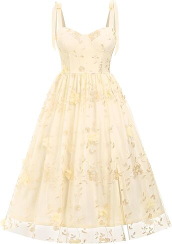 Spaghetti Strap Embroidered Floral Dress for Women Wedding Formal Tulle Prom Corset Dress Smocked Split Midi Tea Party Dress in Saudi Arabia