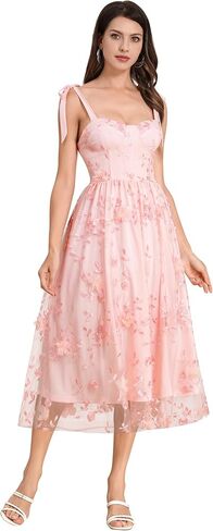Spaghetti Strap Embroidered Floral Dress for Women Wedding Formal Tulle Prom Corset Dress Smocked Split Midi Tea Party Dress in Saudi Arabia