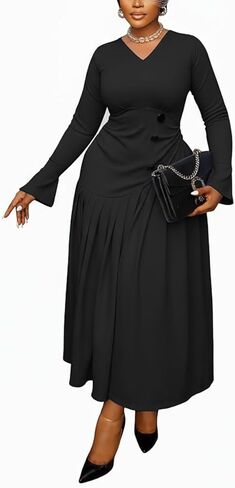 Fooullaide Women's Pleated Midi Dress Elegant V-Neck Bell Sleeve Ruched A-Line Dress for Wedding Guest, Office & Party in Kuwait