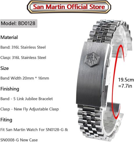 San Martin Watch Bracelet Stainless Steel Watch Parts 20mm Curved End Links Fly Adjustable Clasp For SN0008 SN0128 in Kuwait