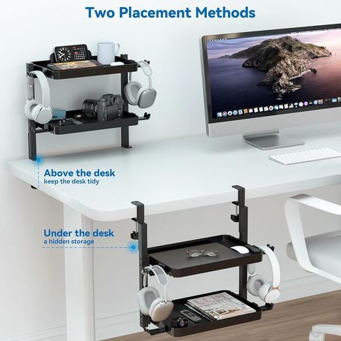 KDD 7 in 1 Desk Side Organizer Set, Under Desk Laptop Holder Storage, No Drill Laptop Mount with 2 Cup Holder, Pen Holder, Headphone Hanger and 2 Pin Magnet, Detachable Hanging Stand for Office & Home in Kuwait
