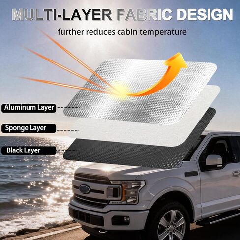 Windshield Sun Shade for Ford F150 2021-2025,Reflective Aluminum Film Front Window Sunshade for F-150 Lariat,King Ranch,Platinum,XL,STX,XLT,Limited,Tremor,Raptor with Storage Bag in Kuwait