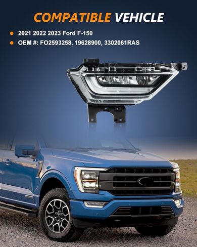 مصابيح ضباب LED مطورة متوافقة مع 2021-2023 Fo-rd F150، مصباح ضباب المصد الأمامي للجانب الأيمن للراكب مع عدسة شفافة، OEM# FO2593259 19629100 ML3Z15200C in Kuwait
