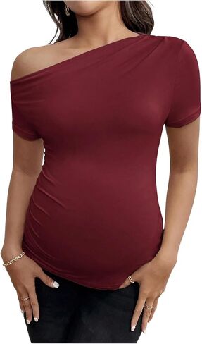 SweatyRocks قمصان الأمومة النسائية قبالة الكتف قمم Ruched قصيرة الأكمام الحمل تي شيرت in Saudi Arabia