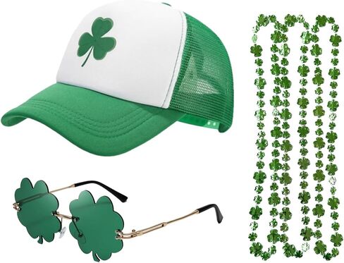 St Patricks Day Hat for Men Women 5PCS Baseball Cap Trucker Hat Shamrock Necklace Glasses St Patty's Day Accessories in Saudi Arabia