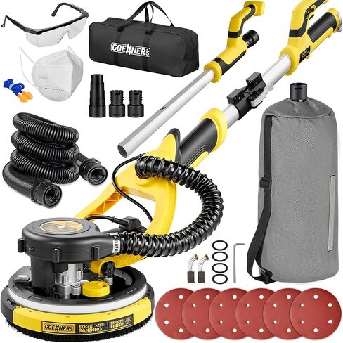 ماكينة صنفرة الحوائط الجافة، ماكينة سنفرة الحوائط الجافة الكهربائية مع مكنسة كهربائية، إزالة الغبار بنسبة 99.5%، 6 سرعات متغيرة، 900-1800 دورة في الدقيقة، مقبض موفر للعمالة وتركيبات حاصلة على براءة اختراع لصنفرة السقف، ضوء LED، مدرج في قائمة ETL in Kuwait