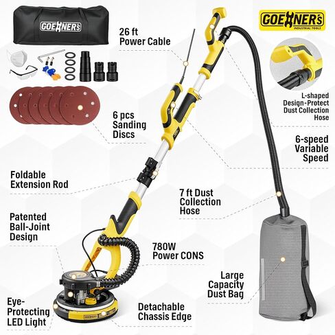 ماكينة صنفرة الحوائط الجافة، ماكينة سنفرة الحوائط الجافة الكهربائية مع مكنسة كهربائية، إزالة الغبار بنسبة 99.5%، 6 سرعات متغيرة، 900-1800 دورة في الدقيقة، مقبض موفر للعمالة وتركيبات حاصلة على براءة اختراع لصنفرة السقف، ضوء LED، مدرج في قائمة ETL in Kuwait